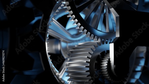 Steel gears from an engine gearbox, close up. High performance engines, concept. Digital 3D rendering.