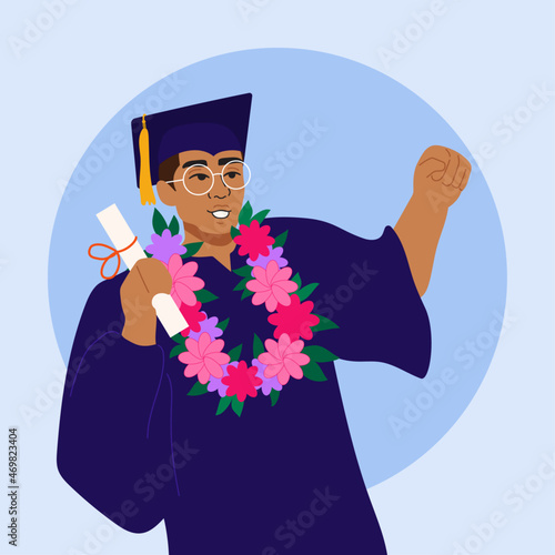 Illustration of happy graduate wearing flower lei