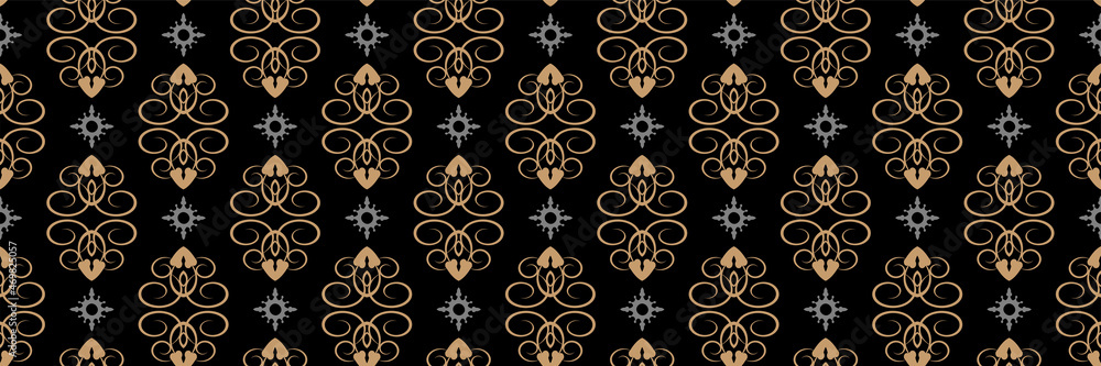 Old-fashioned background pattern with decorative ornaments on a black background for your design. Seamless background for wallpaper, textures Old-fashioned background pattern with decorative ornaments on a black background for your design. Seamless background for wallpaper, textures