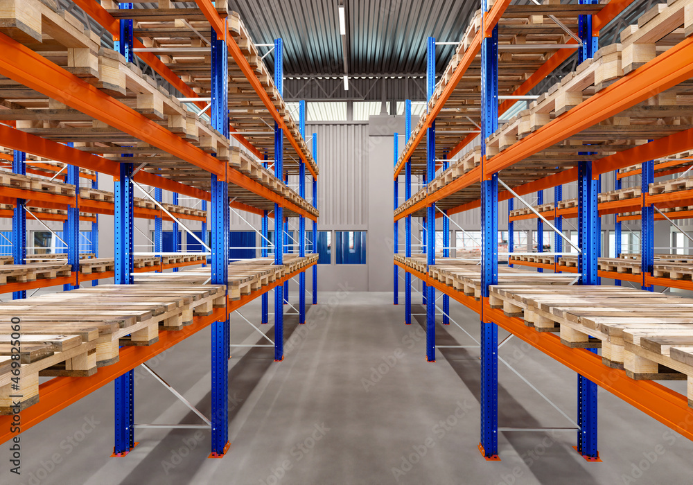 Warehouse with racks. Panorama of the logistics center. Rack for ...