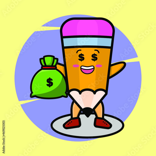 Crazy rich pencil mascot cartoon with bank sack shaped funny style design for t-shirt, sticker, logo element for t-shirt, sticker, logo element
