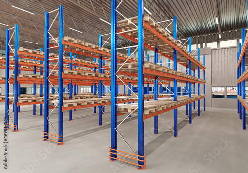 Logistics warehouse. Rack for pallets. Storage equipment. Racks for pallets, shelves for boxes. Cargo storage