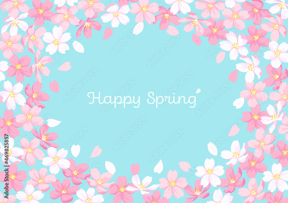 Cherry Blossoms Illustration Frame, Light Blue Background Cherry Blossoms Illustration Frame, Light Blue Background