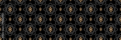 Background pattern with decorative floral ornament in the form of gray gold elements on a black background for your design. Seamless background for wallpaper, textures.