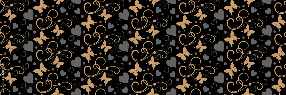 Abstract background pattern with gold butterflies and hearts on a black background for your design. Seamless background for wallpaper, textures. 