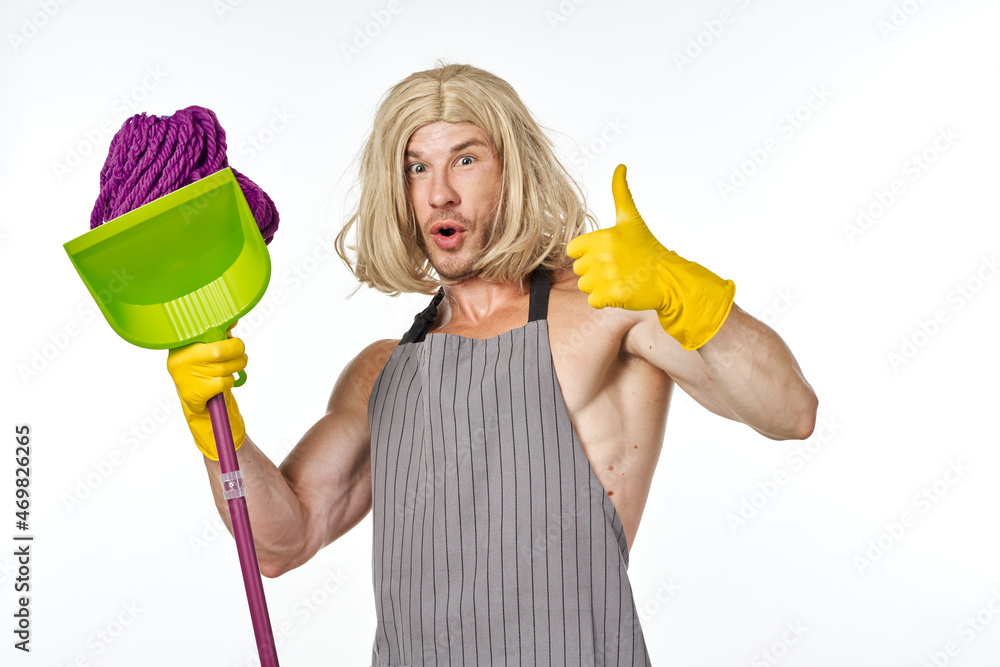 Muscled Man in Womens Wig Mop Cleaning Housework Muscled Man in Womens Wig Mop Cleaning Housework