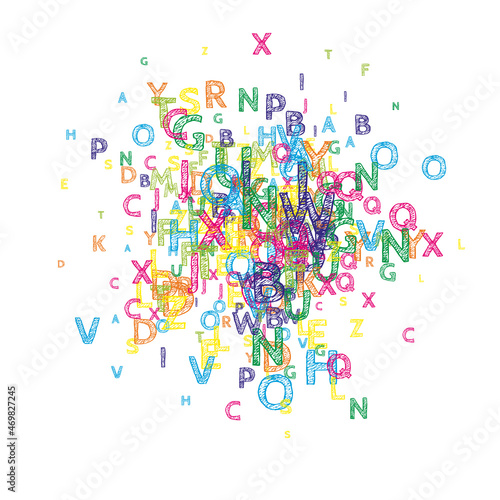 Falling letters of English language. Bright handdrawn flying words of Latin alphabet. Foreign languages study concept. Admirable back to school banner on white background.