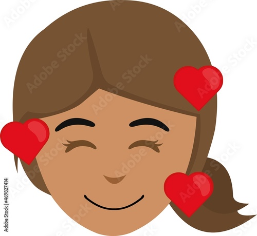 Vector emoticon illustration of the face of a cartoon brunette woman surrounded by hearts