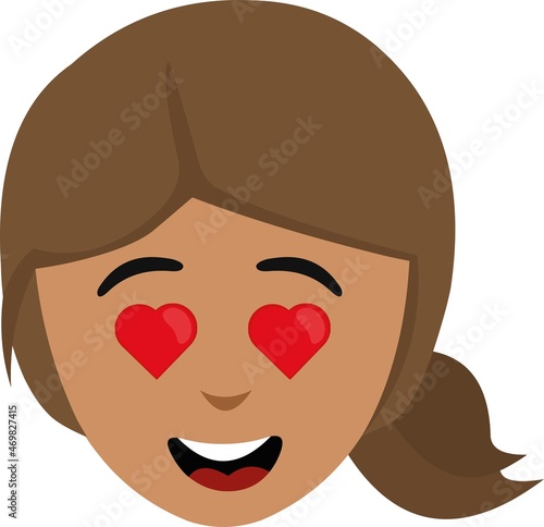 Vector illustration of the face of a young brunette woman, with eyes in the shape of hearts