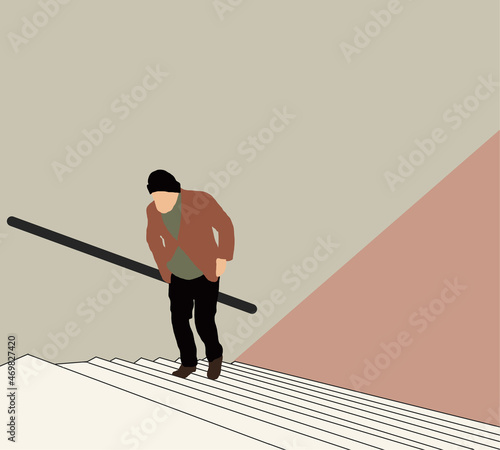 Man walking up outdoor colorful stair outdoors at the city. Flat design vector illustration.