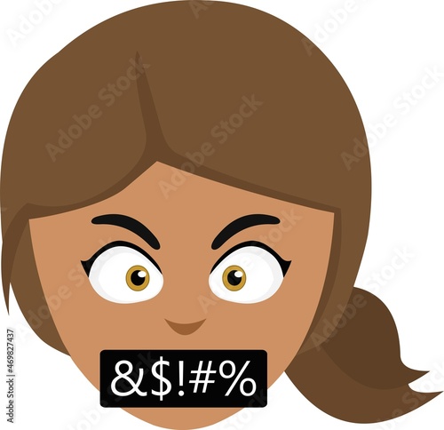 Vector emoticon illustration of the face of a cartoon brunette woman, with an expression of anger and insults