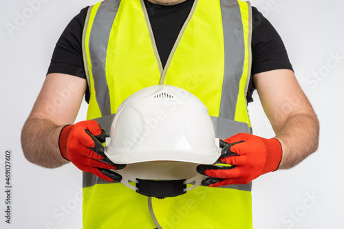 builder helmet close up. Wh...