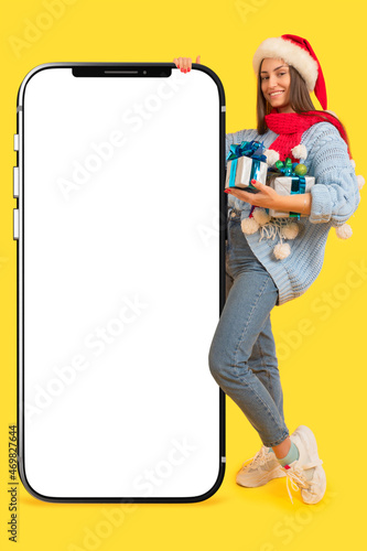 Big phone mock up. Woman wi...