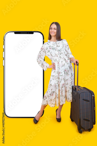 Phone is big. Happy woman t...