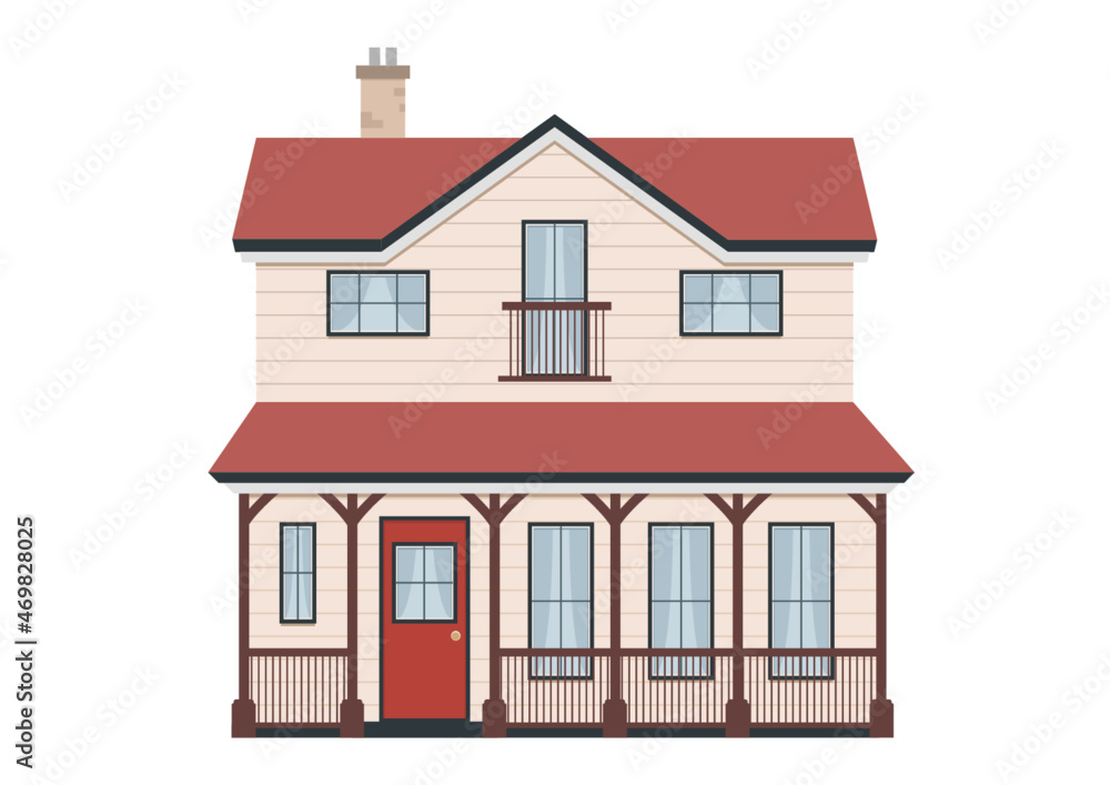 Nowoczesny dom z dachem, dużymi oknami i czerwonymi drzwiami. Piękny rodzinny dom z drewnianymi poręczami. Urocza chatka na przedmieściach. Wektorowa ilustracja.