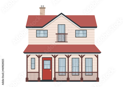 Nowoczesny dom z dachem, dużymi oknami i czerwonymi drzwiami. Piękny rodzinny dom z drewnianymi poręczami. Urocza chatka na przedmieściach. Wektorowa ilustracja.