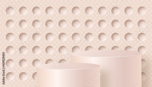 3d Round podium stage with nice and creative symbols on paper cut style with color background for cosmetics brand design and advertising