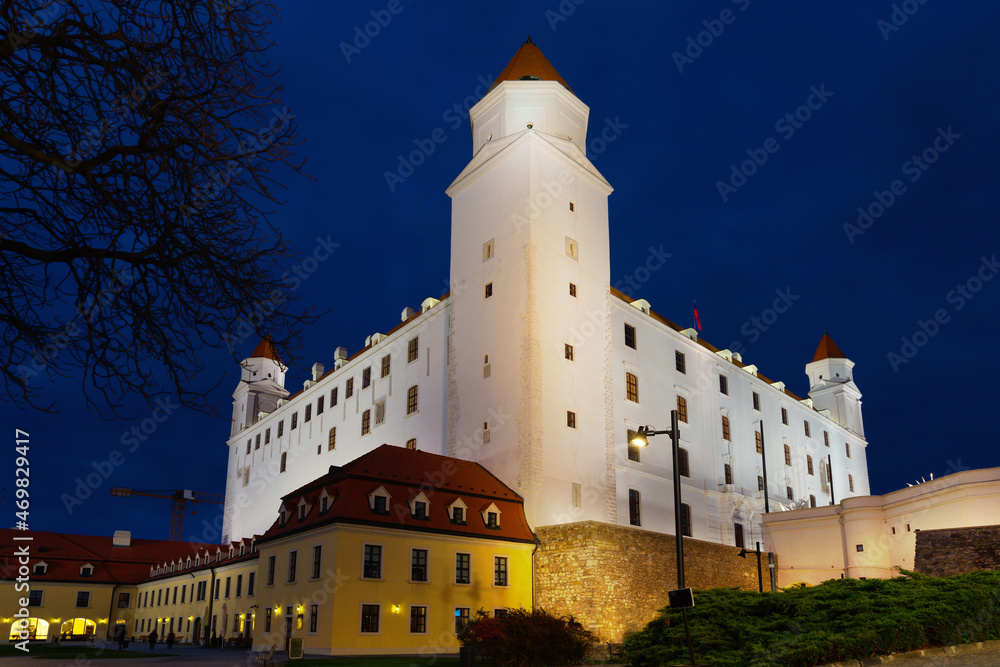Medieval Bratislava Castle part at night illumination, Slovakia Capital city