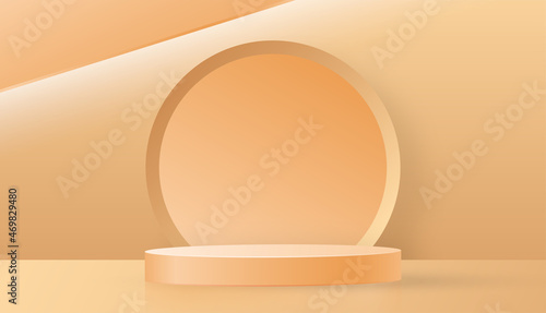 3d Round podium stage with nice and creative symbols on paper cut style with color background for cosmetics brand design and advertising