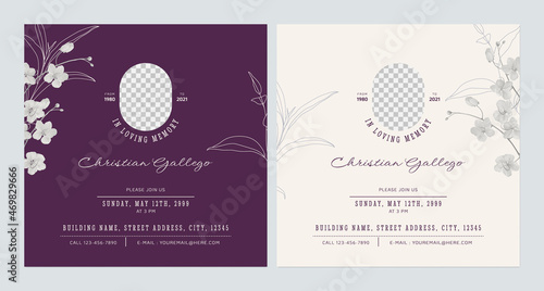 Floral memorial and funeral invitation card template design, purple and brown decorated with golden shower flowers and leaves