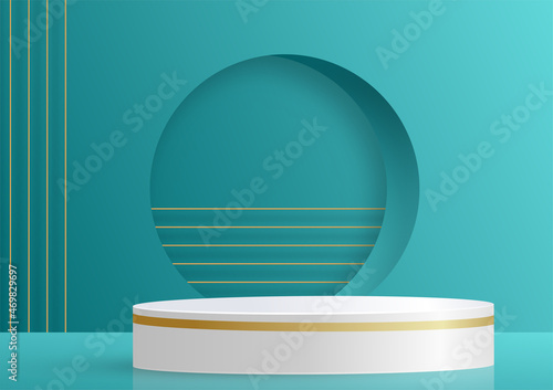 3d Round podium stage with nice and creative symbols on paper cut style with color background for cosmetics brand design and advertising