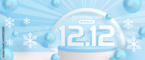 12.12 Shopping festival, Speech marketing banner design on  winter background and round podium, snow, and Floating ribbon with craft style.