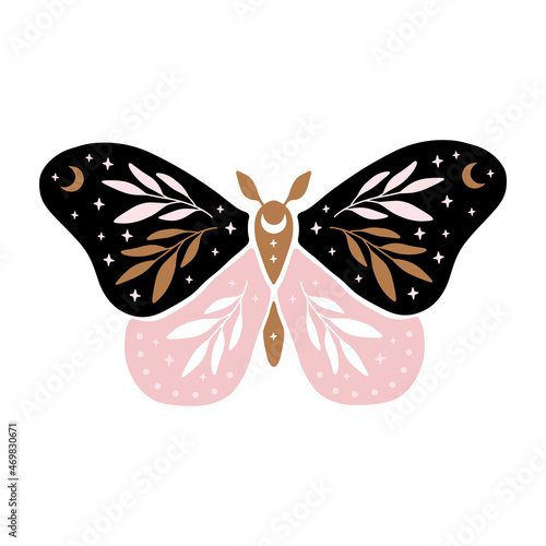 Celestial butterfly vector illustration. Mystical luna moth with moon. Magic floral insect on white background. Design for boho poster.