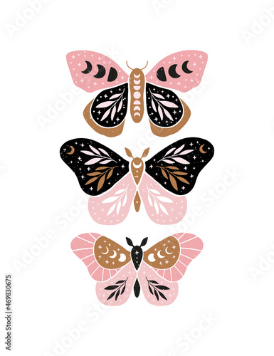 Celestial butterfly vector illustration. Mystical luna moth with moon phases. Magic insect on white background. 
