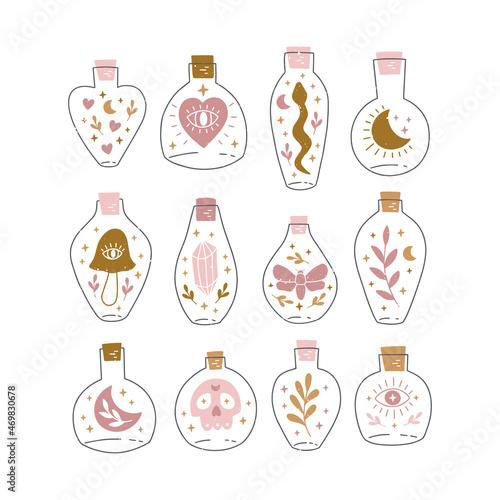 Bottle silhouette collection. Mystic jar vector illustration. Esoteric alchemy element. Witch brew with moon, stars, skull, mushroom, snake, crystal. 