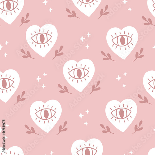 Boho seamless pattern- magical seeing heart with third evil eye on pink background. Alchemy vector illustration. Design for spiritual print, fabric, textile.