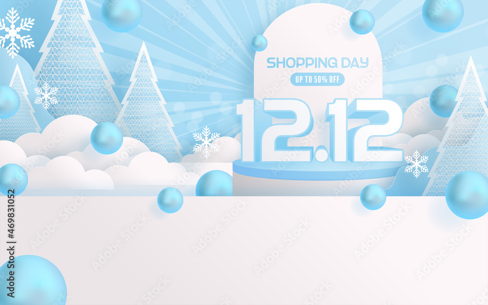 12.12 Shopping festival, Speech marketing banner design on  winter background and round podium, snow, and Floating ribbon with craft style.