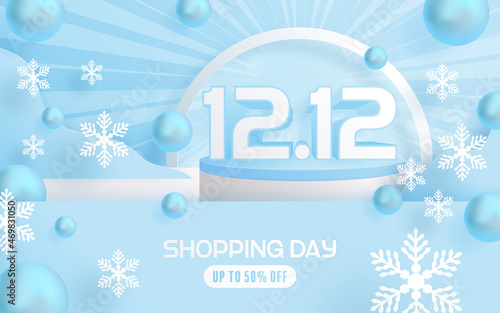 12.12 Shopping festival, Speech marketing banner design on  winter background and round podium, snow, and Floating ribbon with craft style.