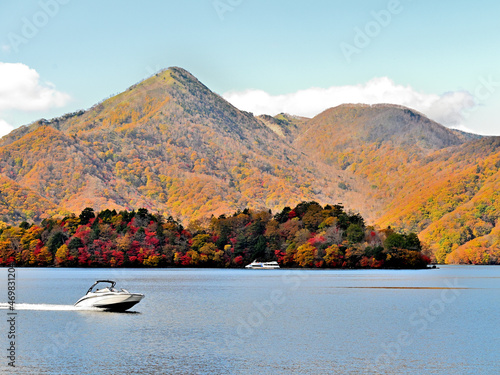 Autumn leaves view at lake Chuzenji photo