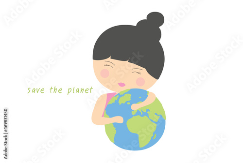 Cute girl holding world with text save the planet vector illustration Save the planet, global warming and climate change concept