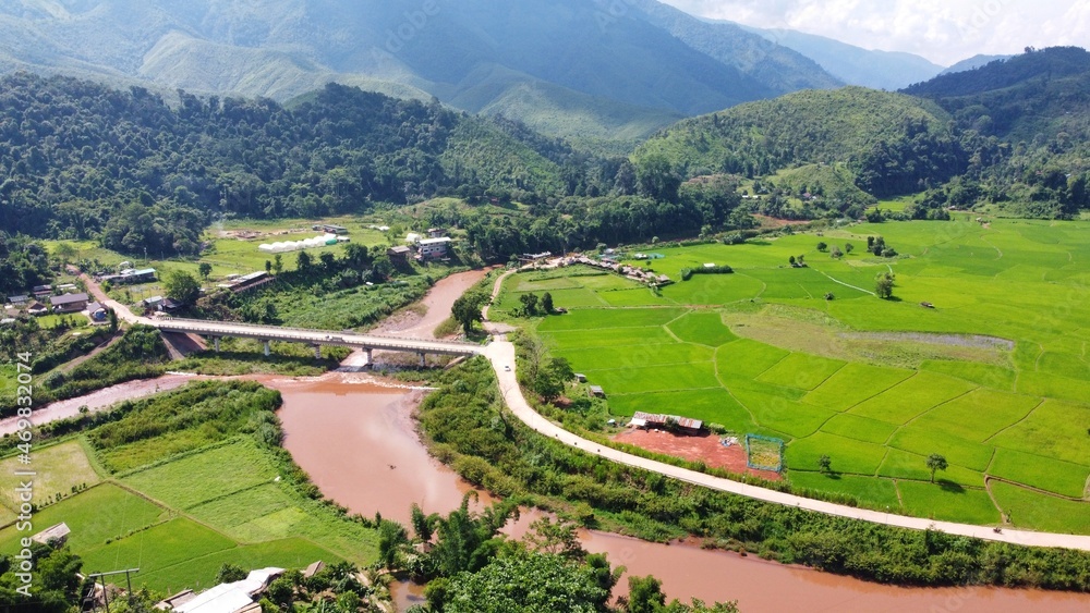 High angle view of Ban Sapan village, Peaceful little village in Nan province, THAILAND.