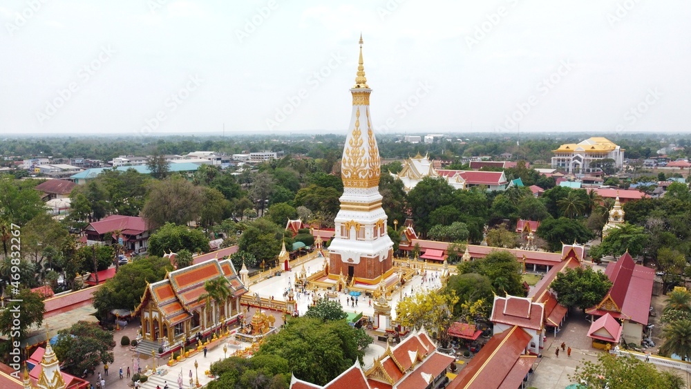 High angle view of Wat Phra That Phanom in Nakhon Phanom Province, northeastern Thailand. A popular pilgrimage destination for those born in the year of the Monkey.