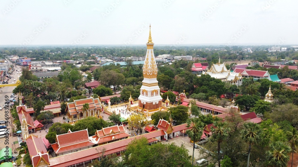 High angle view of Wat Phra That Phanom in Nakhon Phanom Province, northeastern Thailand. A popular pilgrimage destination for those born in the year of the Monkey.