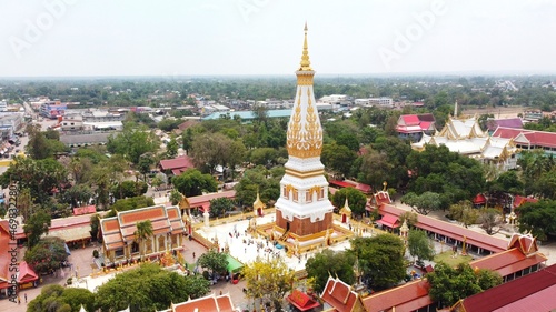 High angle view of Wat Phra That Phanom in Nakhon Phanom Province, northeastern Thailand. A popular pilgrimage destination for those born in the year of the Monkey.