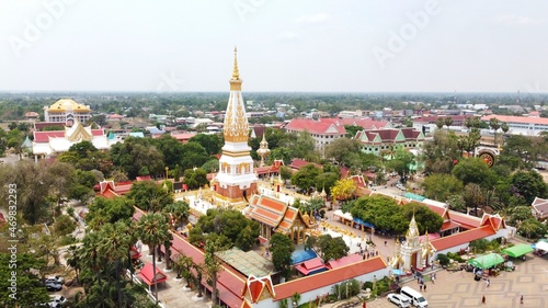 High angle view of Wat Phra That Phanom in Nakhon Phanom Province  northeastern Thailand. A popular pilgrimage destination for those born in the year of the Monkey.