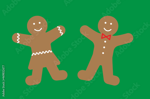 Christmas gingerbread icon. Green background. Happy boy and girl. Celebration cookies. Vector illustration. Stock image. 