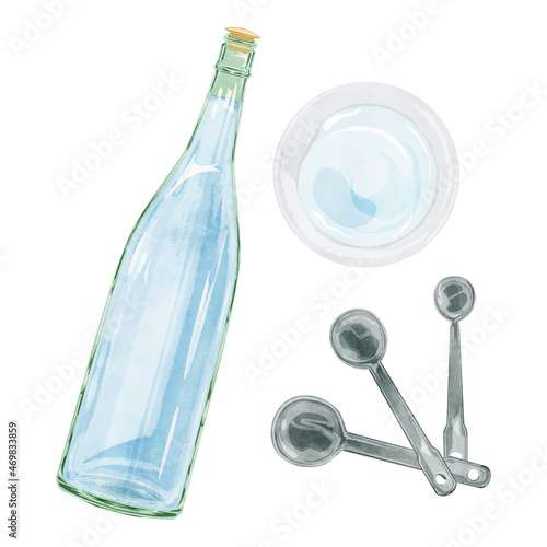 料理酒と計量スプーンの手描き水彩風イラスト
