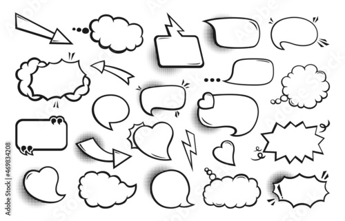 Speech bubble comic pop art set. Retro black and white empty design elements dialog clouds, halftone dot background. Speech thought blobs comics book, vintage banner. Cartoon 80s-90s Vector photo