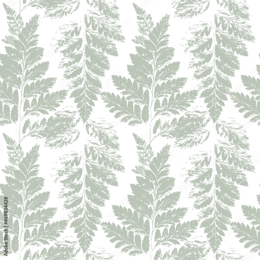 Sage green fern leaves, pale botanical seamless pattern Floral Natural background for packaging, textile print, scrapbooking paper