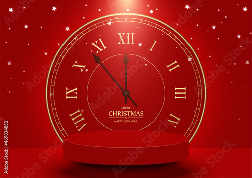 Christmas, New Year scene. Stage podium decorated with times clock. 3d pedestal base for product display on a red background. Vector illustration.