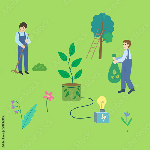 Biomass energy. Renewable clean energy resources. Conceptual vector illustration.