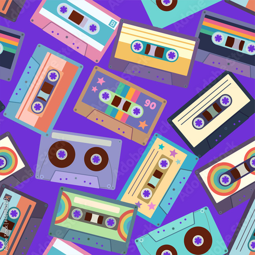 Seamless pattern with colorful cassette tapes. Retro trendy background for design and accessories.