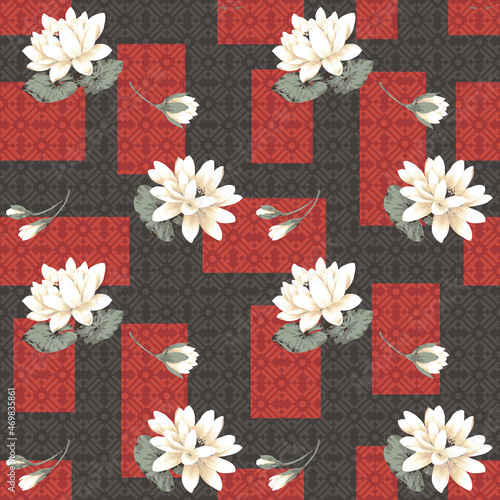 Asian seamless vector design with peonies, prosperity coins on red boxes black background