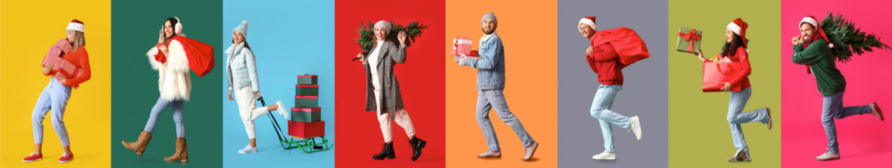 Going young people with Christmas gifts on color background