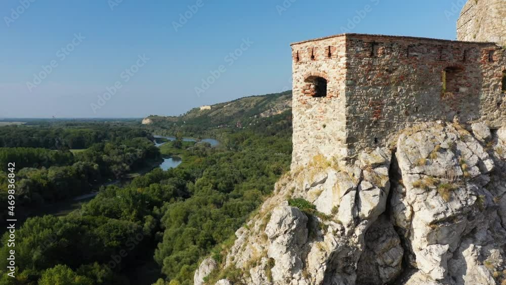 Rotating cinematic drone shot of Hrad Devin castle in Bratislava, Slovakia Rotating cinematic drone shot of Hrad Devin castle in Bratislava, Slovakia