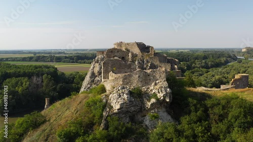 Cinematic rotating drone shot of Hrad Devin castle in Bratislava, Slovakia photo